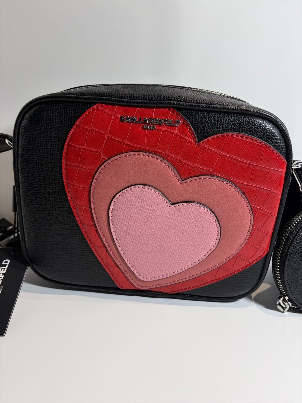Karl Lagerfeld Black Crossbody with Red, Rose and Pink Heart Motif - Picture 1 of 16